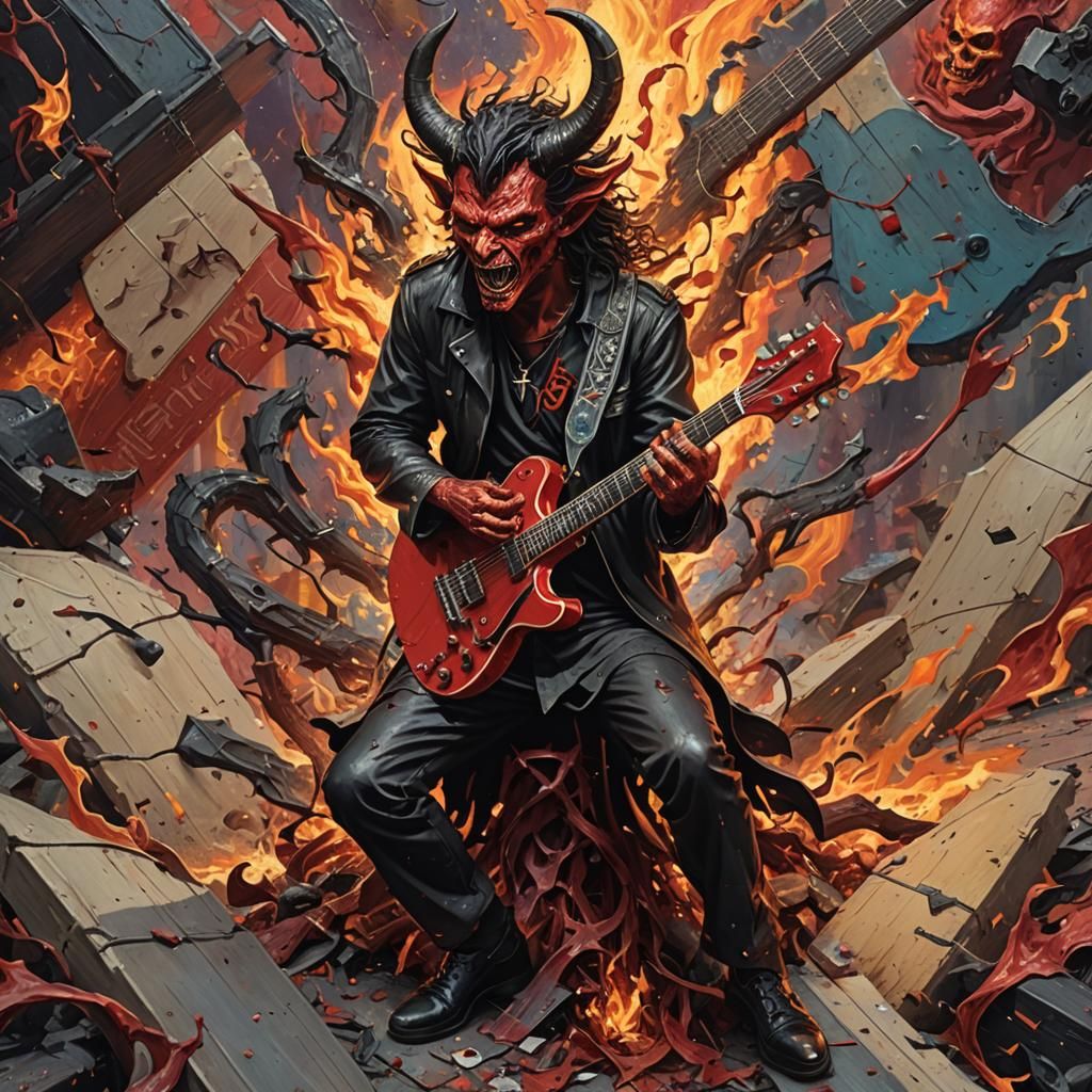 Hyperrealistic Satan Plays Guitar at Crossroads