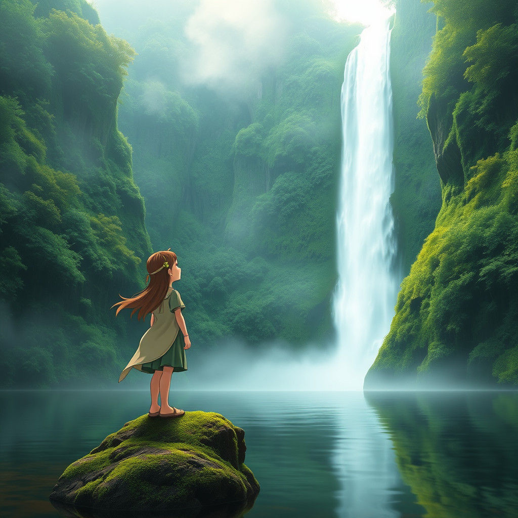 Girl Gazing at Majestic Waterfall: Anime Concept Art