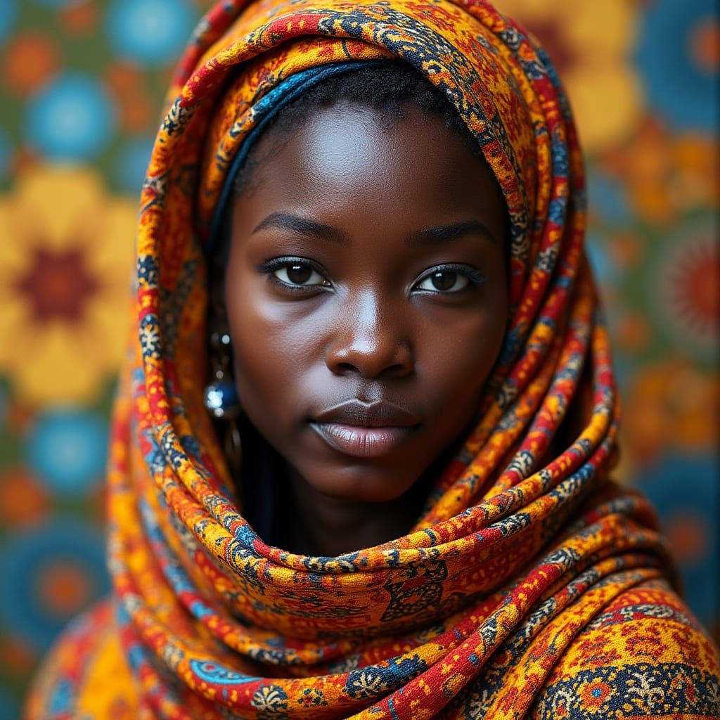 Vibrant African Woman in Traditional Mixed Media Textiles