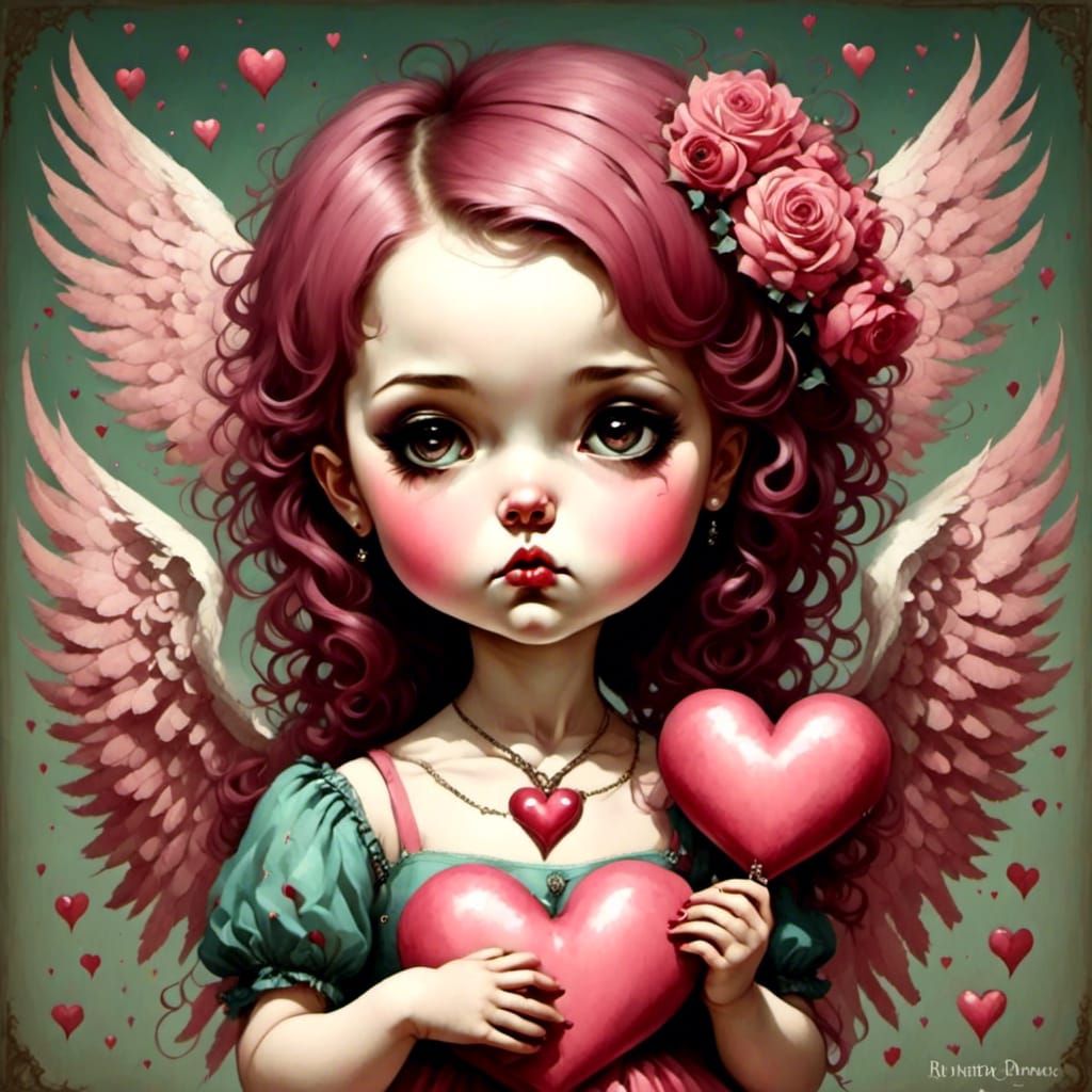 Cute Angel Girl with Pink Bow, Mark Ryden Style