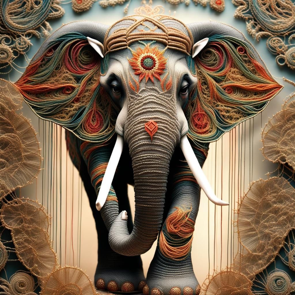 Glittery Thread Embroidery of a Volumetric Elephant