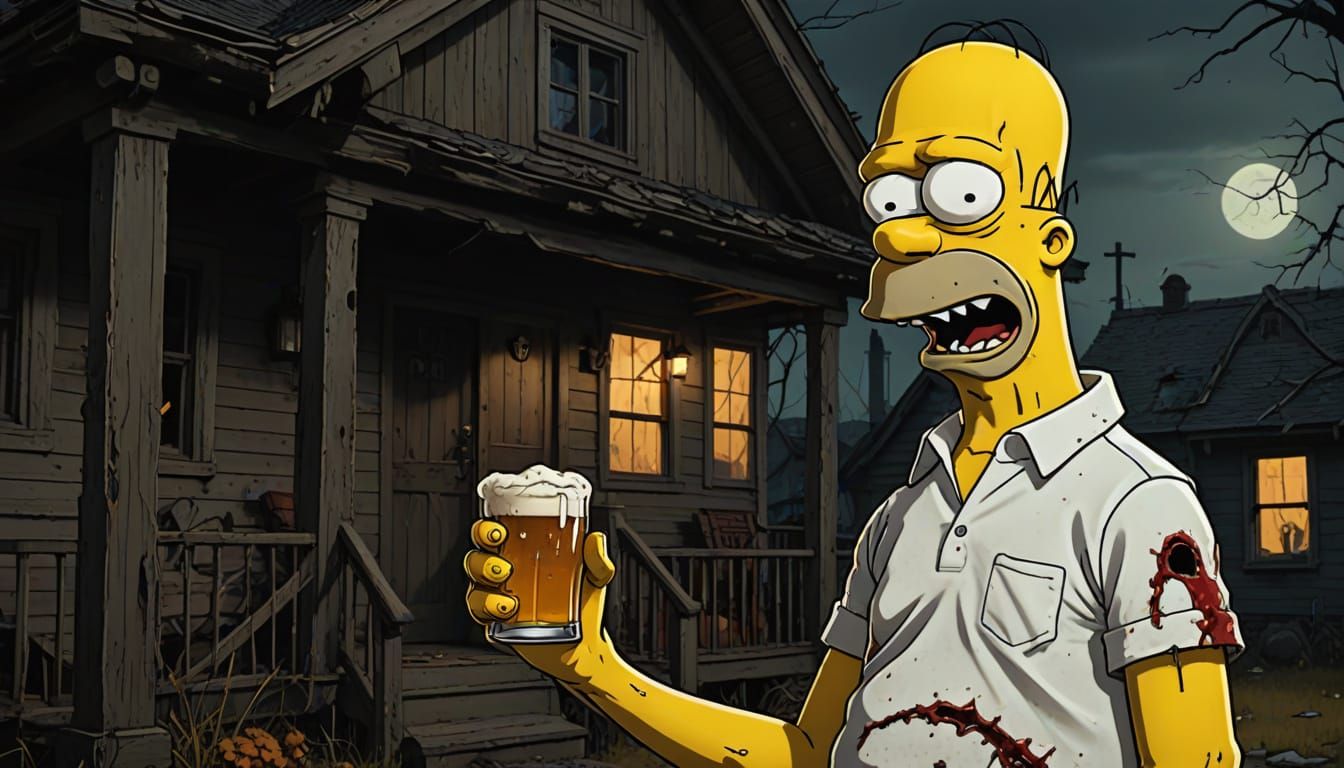 Grotesque Zombie Homer Simpson on Porch Holding Beer