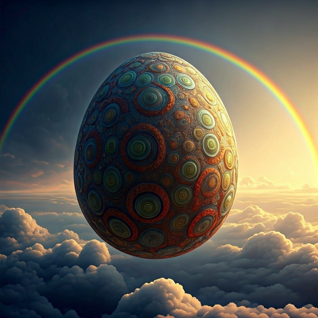 Whimsical Glass Easter Egg Drifts Through a Double Rainbow