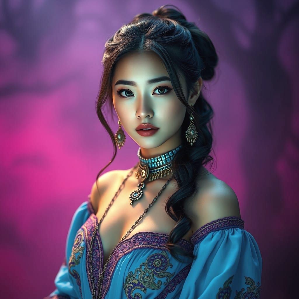 Ethereal Korean Goddess in Dark Fantasy Boho Chic