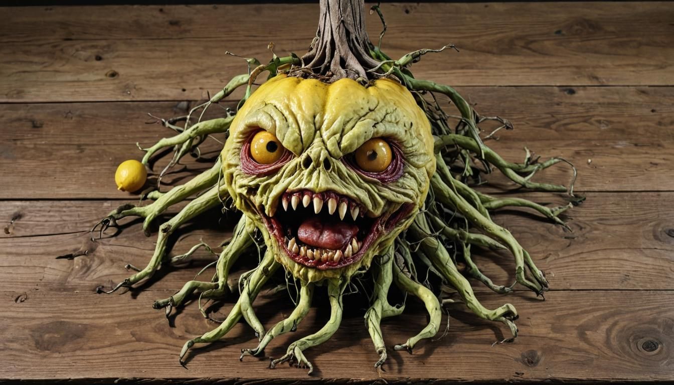 Horrifying Mutant Lemon Fruit Tree Monster in Hyperrealism