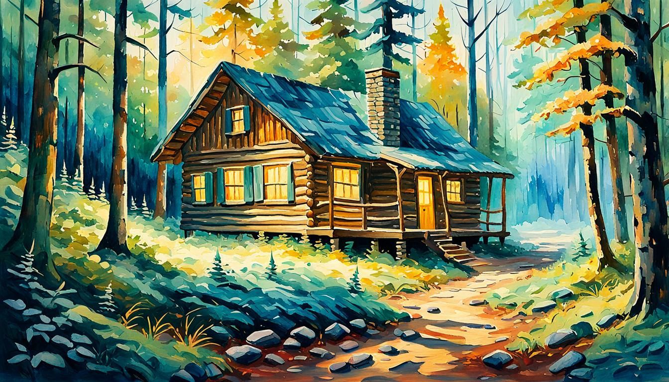 Cozy Cabin in Forest, Gouache Watercolor Impressionism