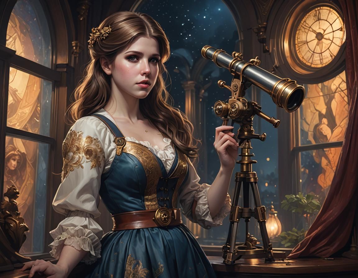 Anna Kendrick Portrait with Telescope in Volumetric Lighting