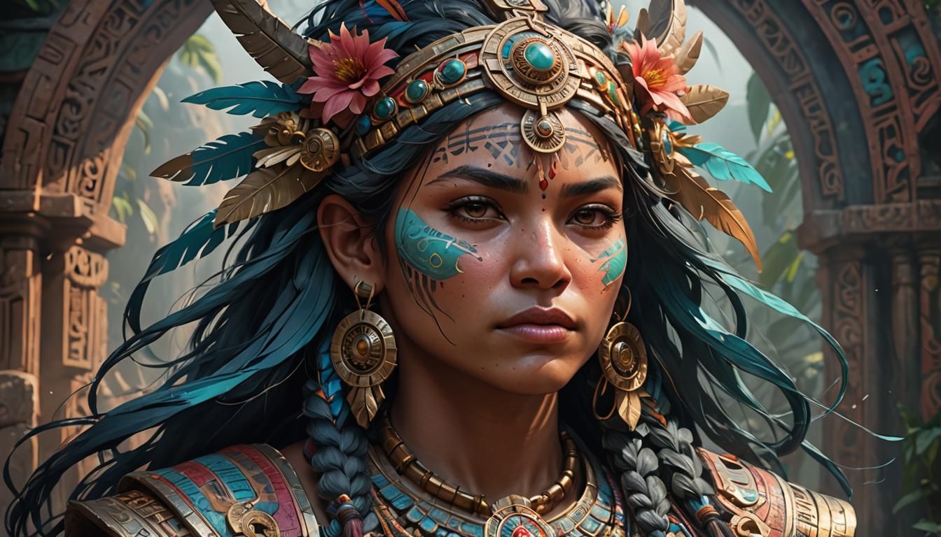 Detailed Mayan Portrait in Art Nouveau Style