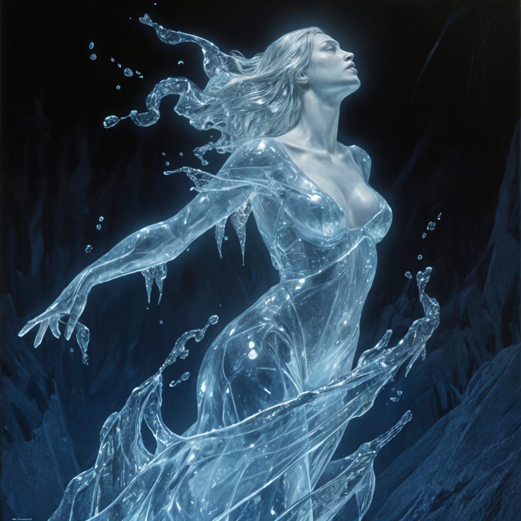 Ethereal Water Sculpture of Woman Frozen in Motion