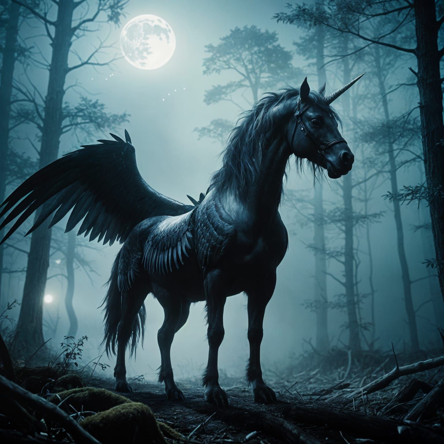 Ethereal Unicorn Ascends in Dark, Misty Forest