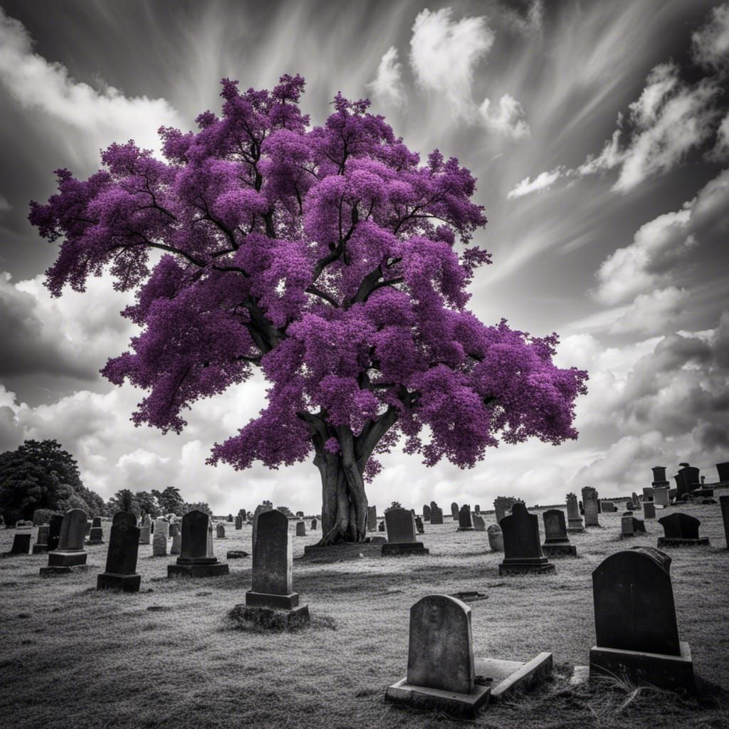 Monochrome Cemetery with Purple Tree: Selective Color