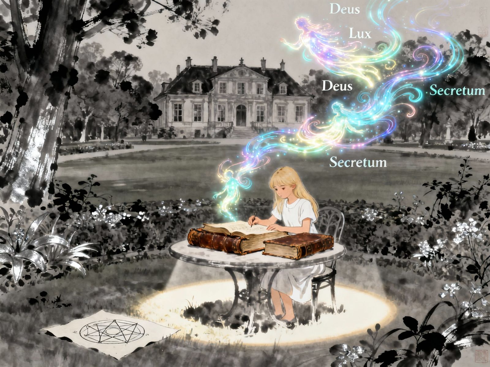 Sumi-e Garden Scene: Woman Studying Hermetic Secrets with Li...