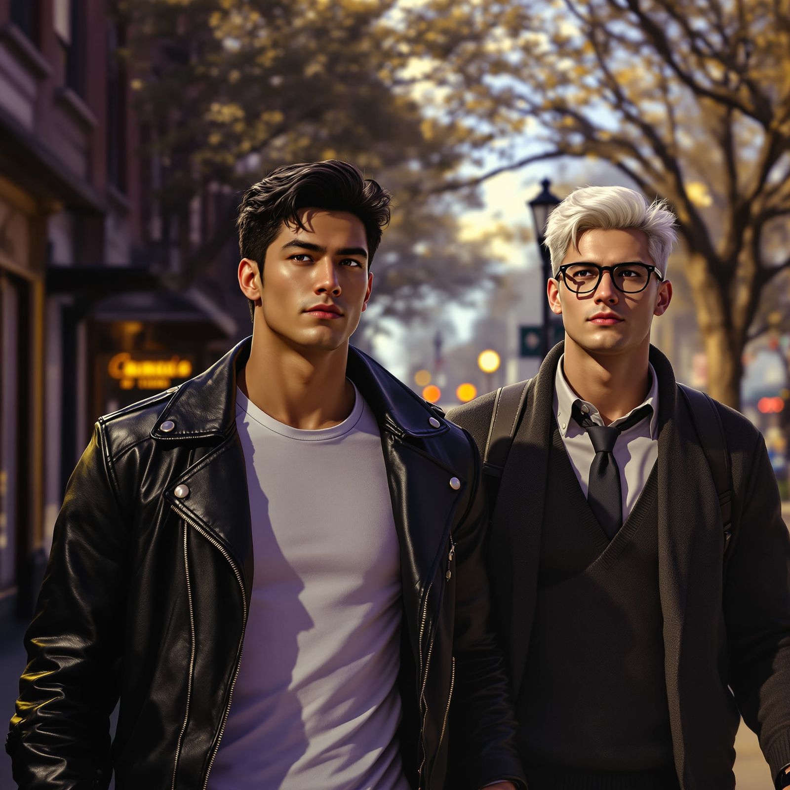 1950s College Men Walk Main Street in Dark Fantasy Style