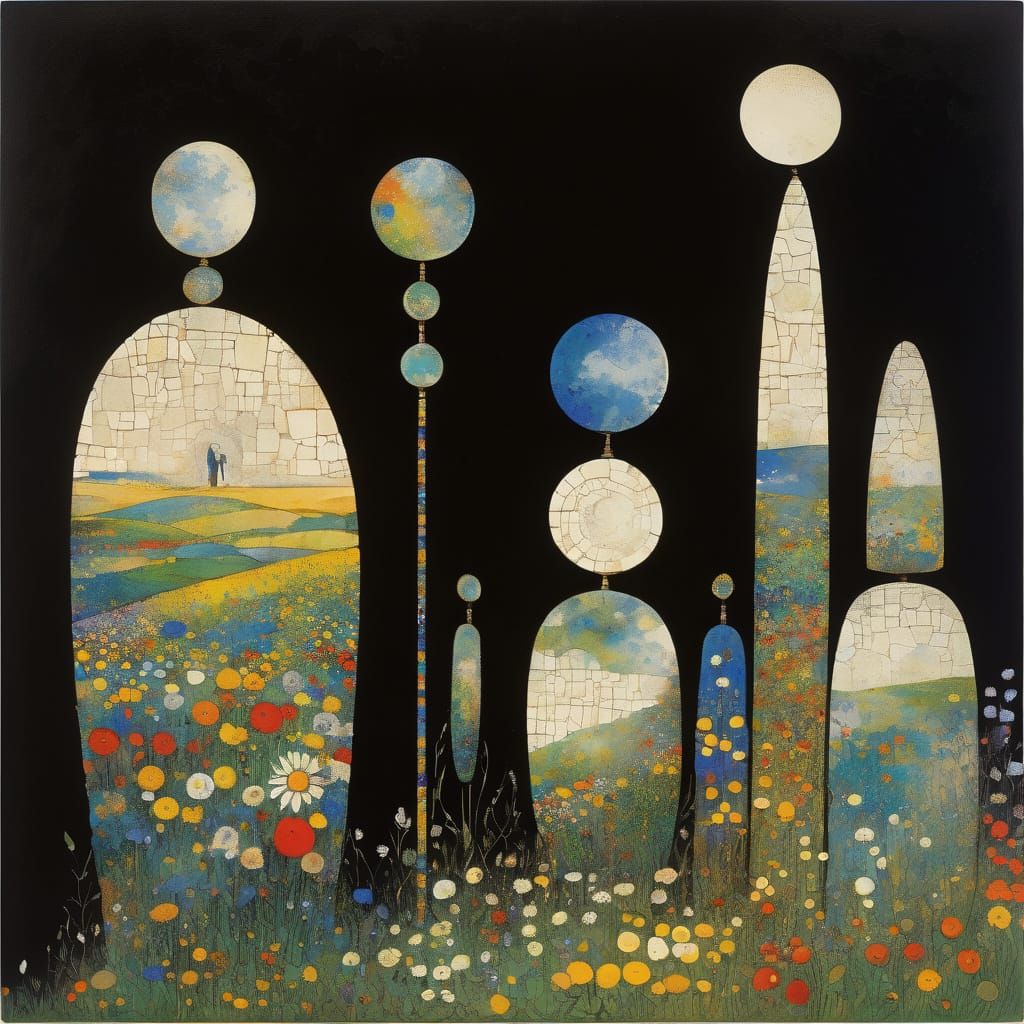 Standing Stones in Wildflowers: Cubist Impasto Painting