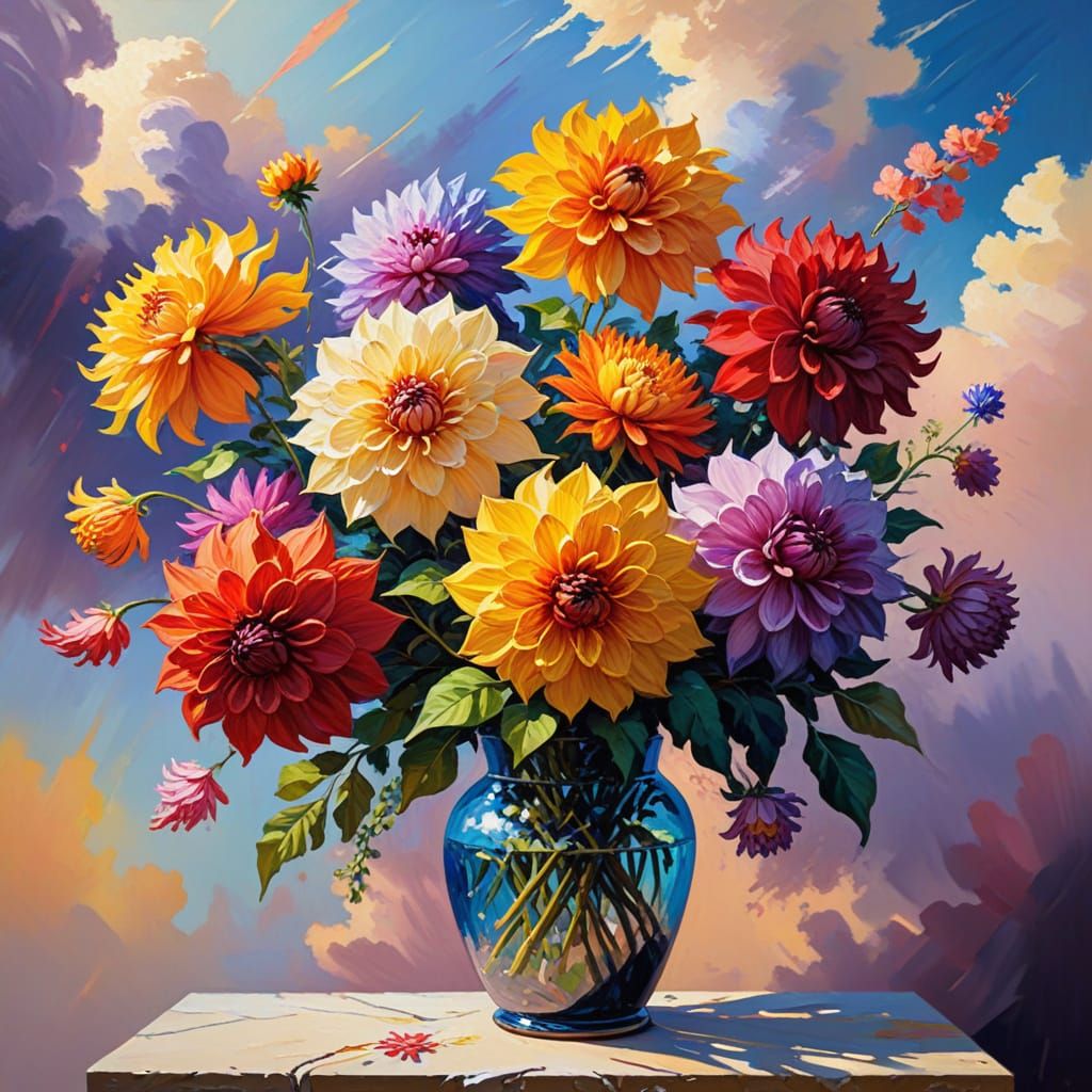 Vibrant Oil Painting of Dahlias in Full Bloom with Rainbow H...