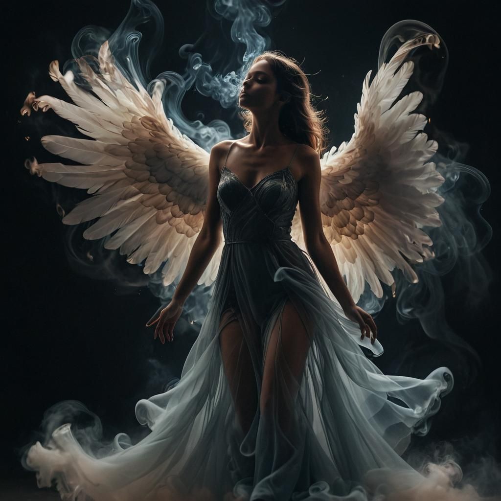 Ethereal Angel Silhouette in Digital Smoke Art