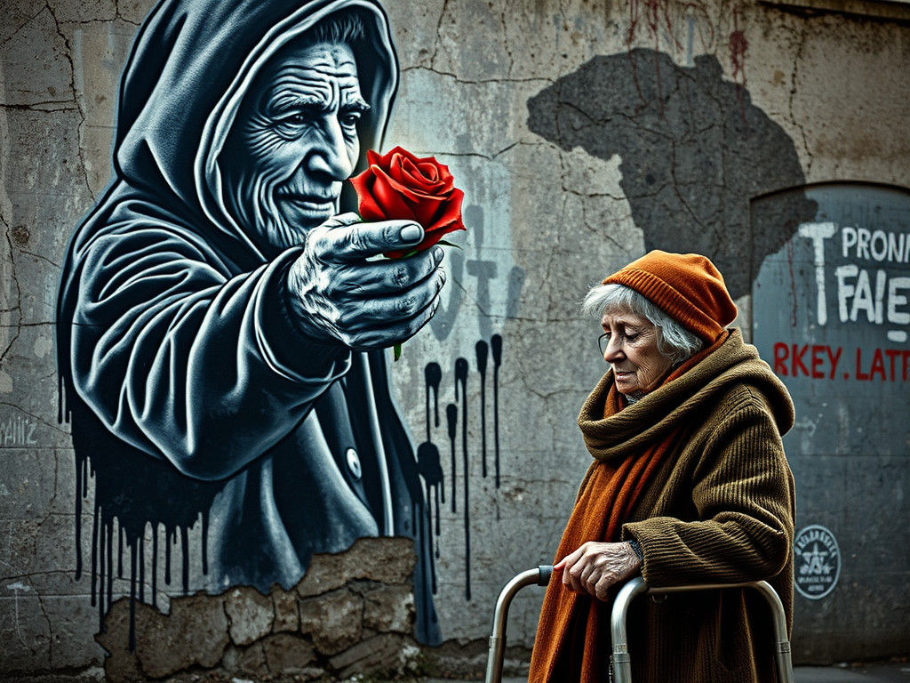 Striking Urban Mural of Elderly Man with Rose
