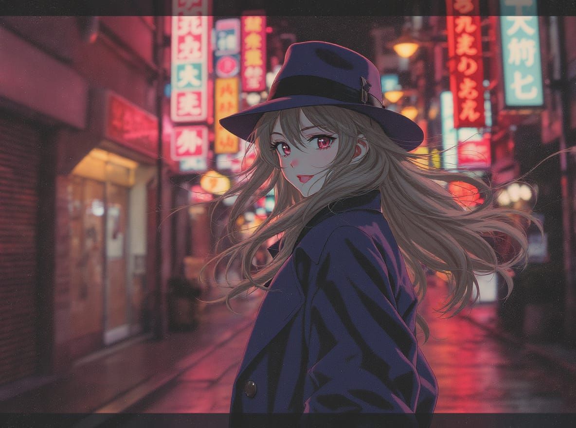 1980s Anime Style Detective Woman on Neon City Street