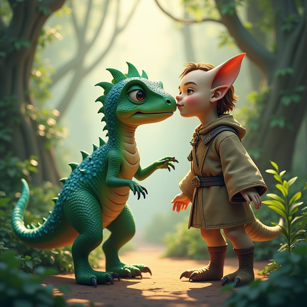 Dinosaur and Elf in Mystical Anime Landscape