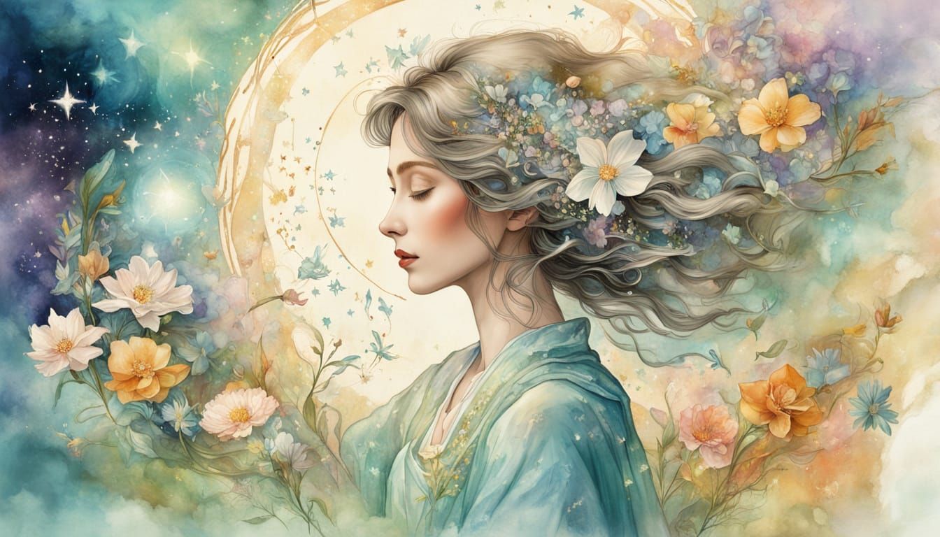 Whimsical Watercolor Healer Surrounded by Celestial Magic