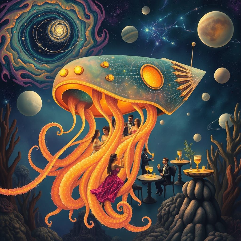 Bioluminescent Jellyfish Rocket in Dreamlike Dimension