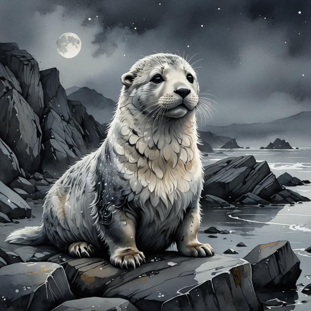 Cute Chibi Grey Seal on Rocky Coast