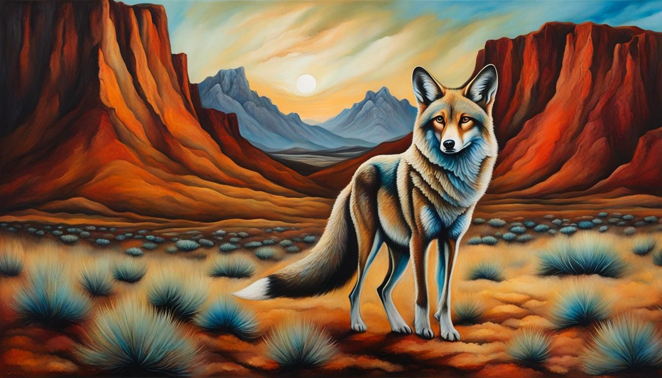Coyote Howling in Desert Landscape as Impasto Art