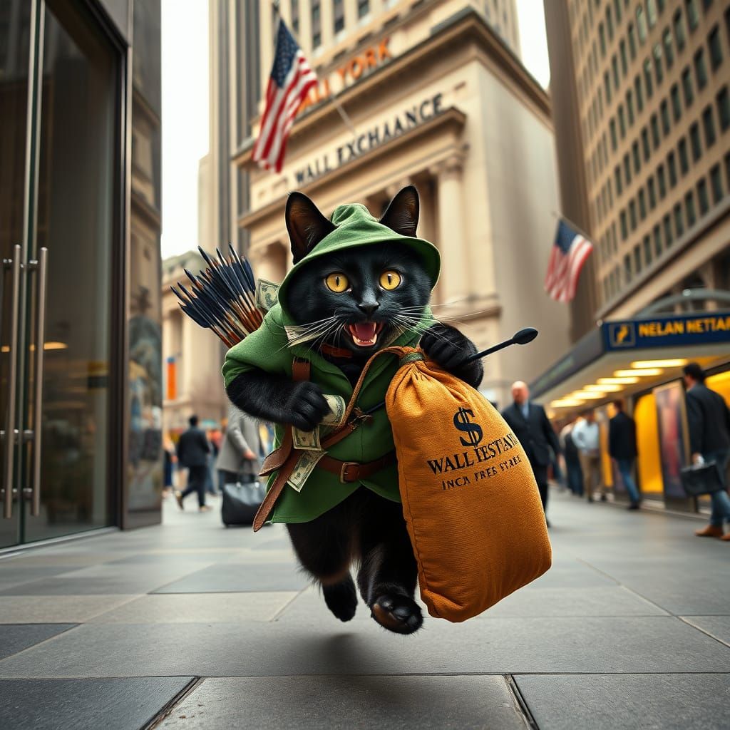 Suave Black Cat in Robin Hood Outfit, Stealing Money on Wall...
