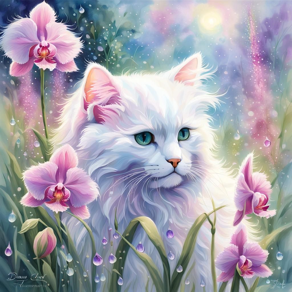 Impressionist Kitten Smelling Orchid in Dewy Meadow