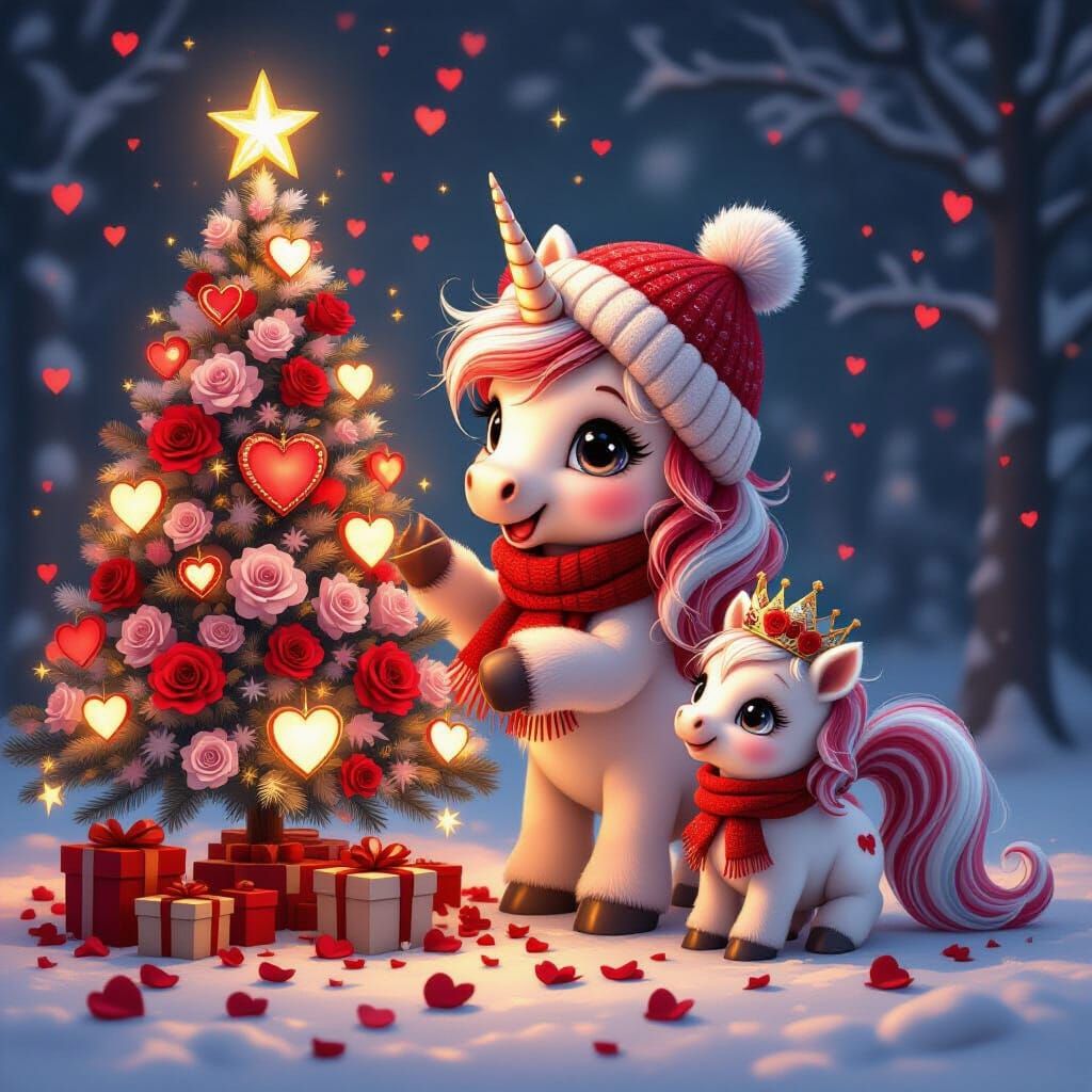 A cute and whimsical unicorn with a flowing red and white ma...