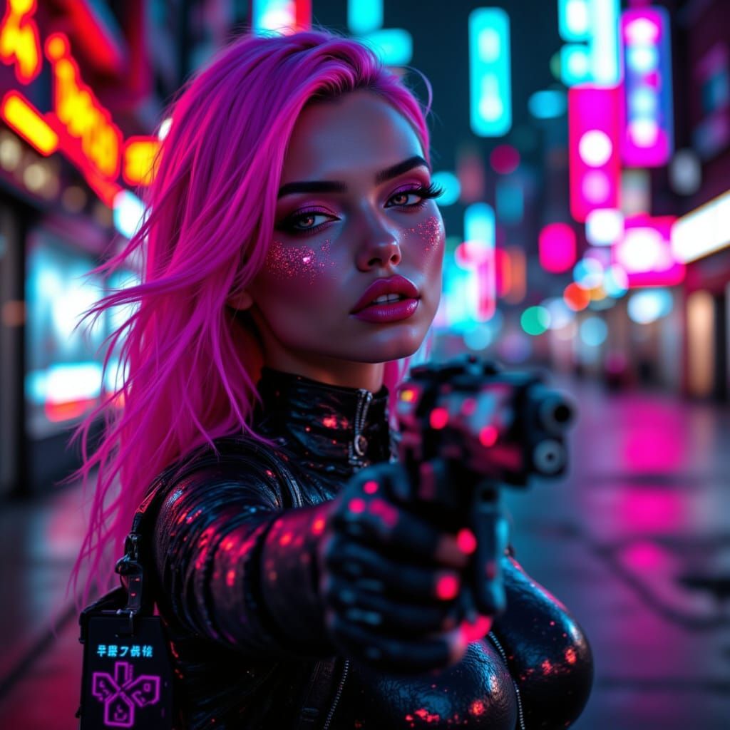 <lora:CyberNitch:1.0> Faceless female Android. Dystopia, handgun pointing at viewer
