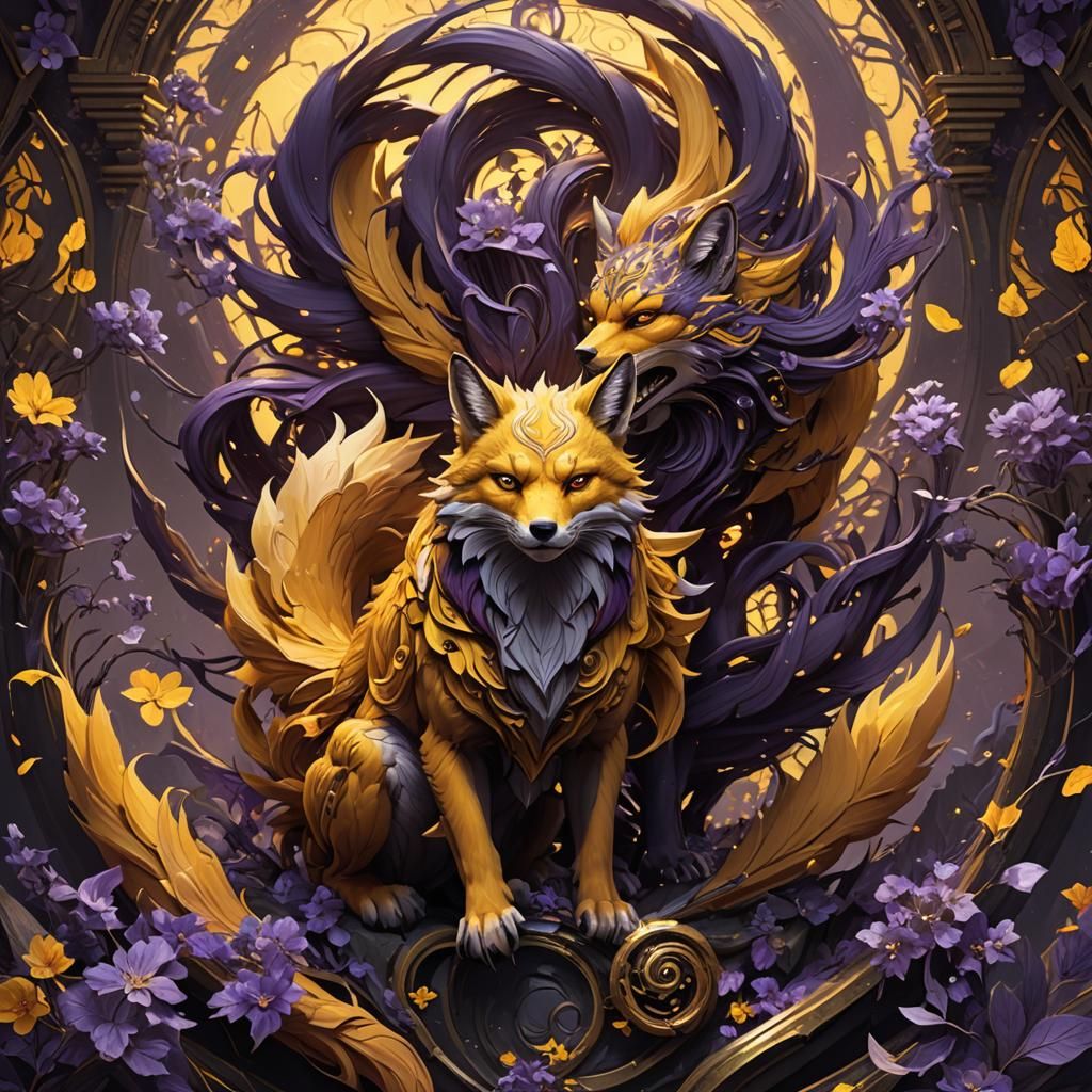 Intricate Nine-Tailed Fox in Dark Fantasy Style
