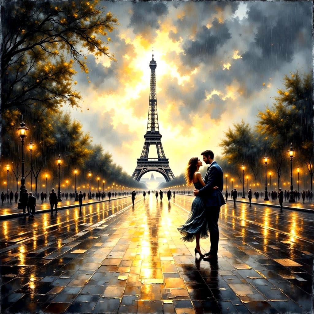Couple Dancing in Paris Rain: Watercolor Painting