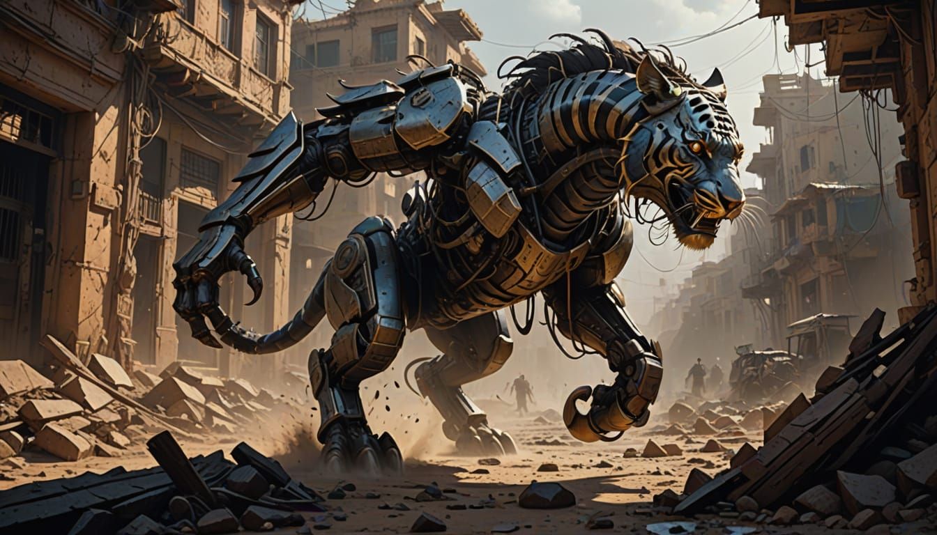 Epic Tiger and Horse Battle Scene in Dramatic Cyberpunk Styl...