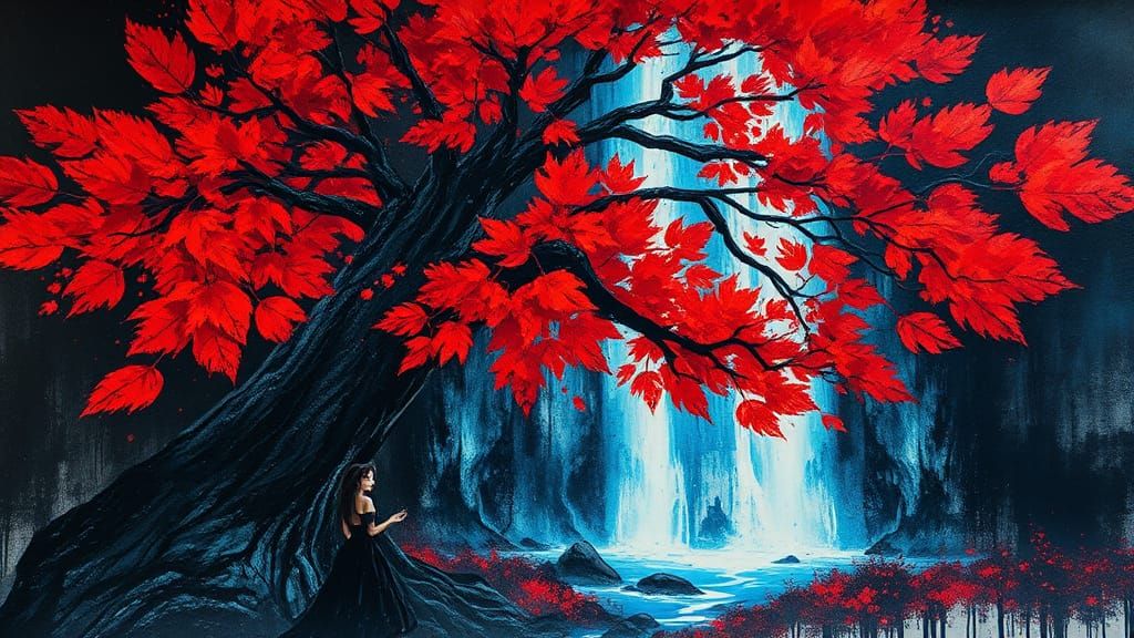 Ink Splatter Tree Near Magic Waterfall, Pollock Style