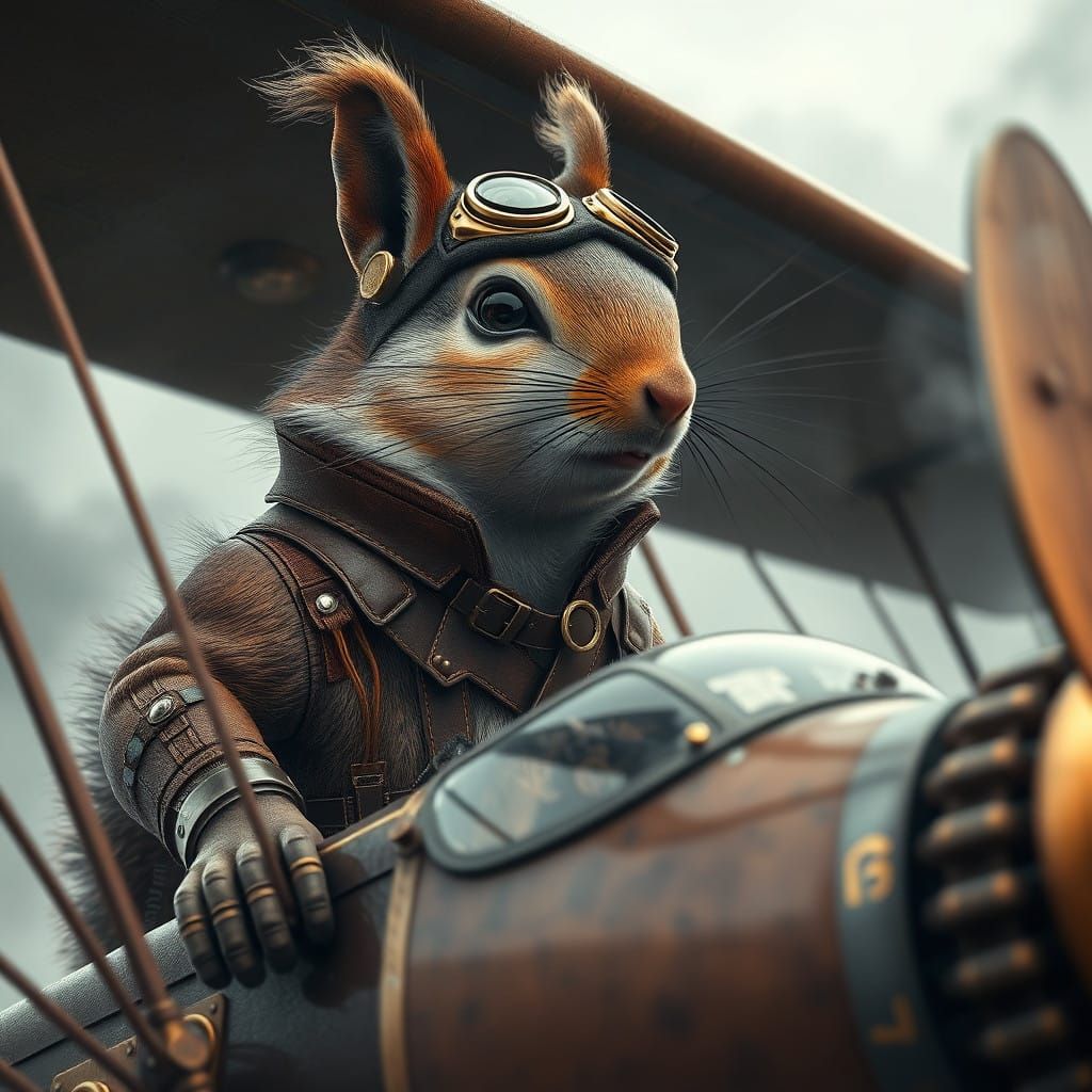 Steampunk Flying Squirrel Pilots Biplane Over Industrial Was...