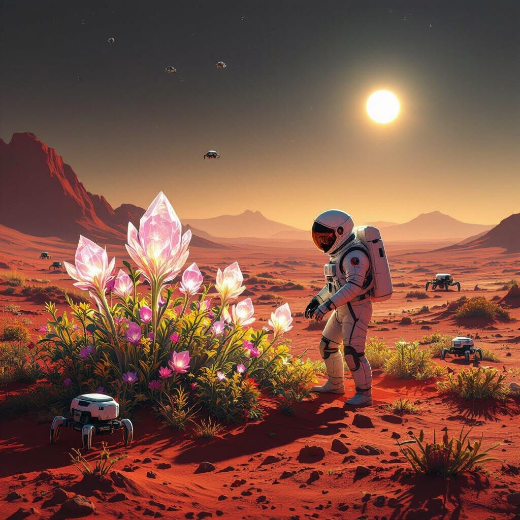 Astronaut Tends Alien Garden on Red Planet