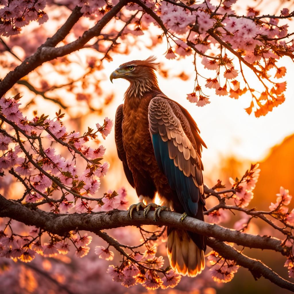 Fiery Eagle in Sakura Tree Sunset