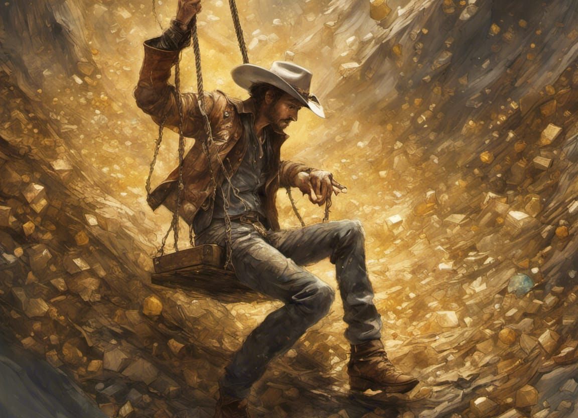 Cowboy Swings Into Treasure Pit: Detailed 8K Render