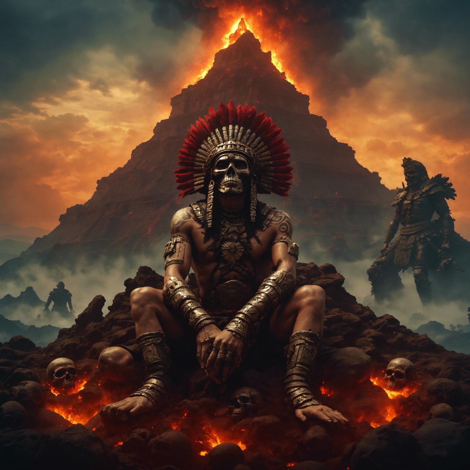 Half Human Half Mechanical Aztec Warrior Praying over His dead Aztec Princess laid on mound of human skulls with volcano...