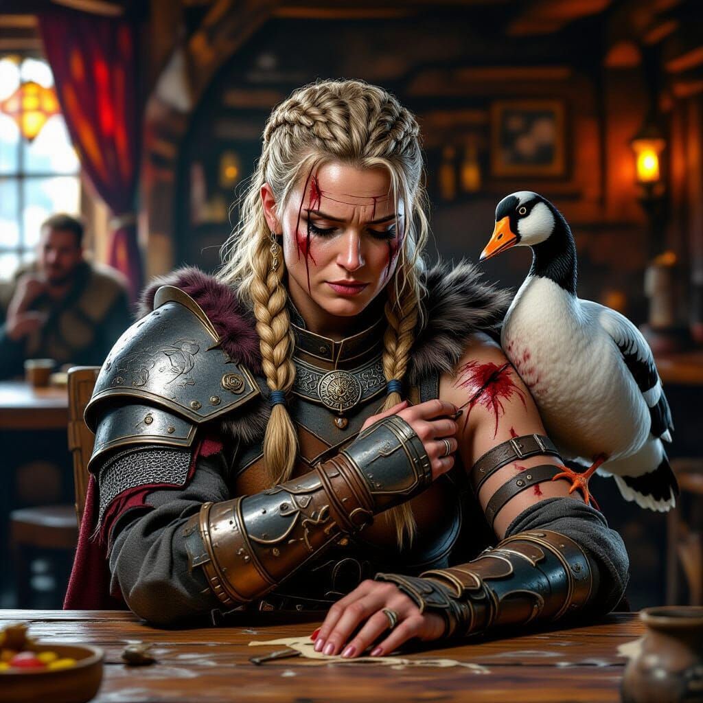 Viking Warrior Gets Goose Assistance in Tavern