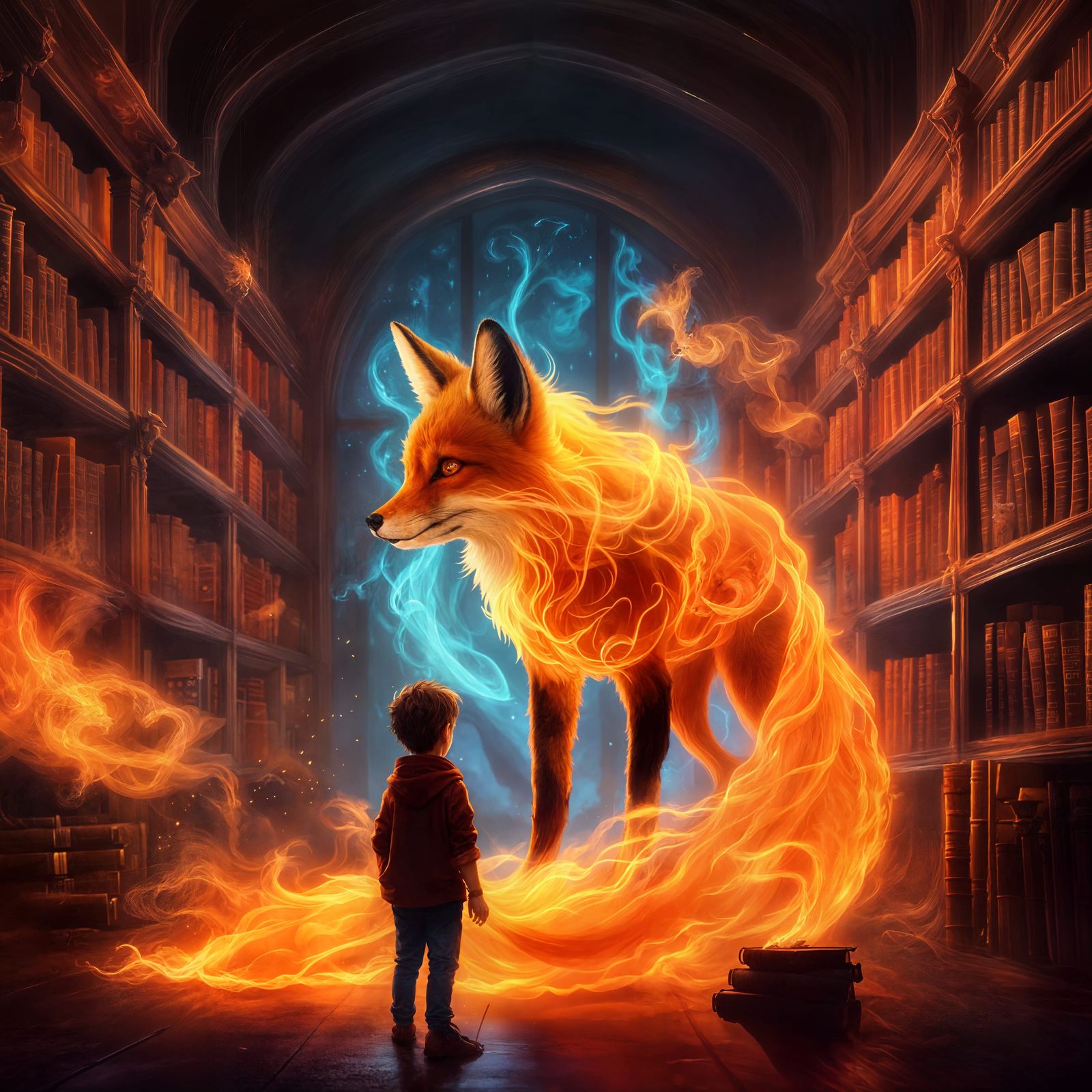Ghostly Fox Spirit in Library, Digital Fantasy Art