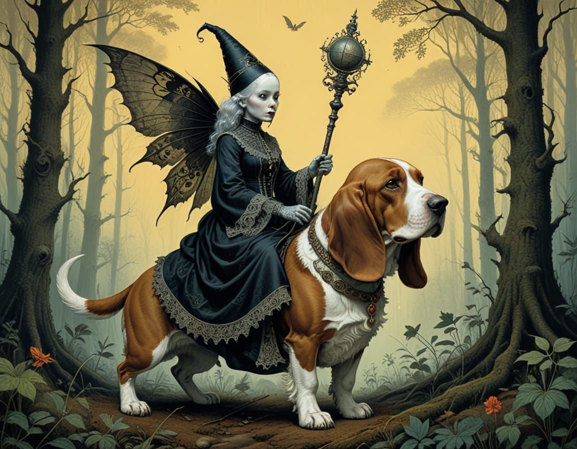 Wise Elder Rides Basset Hound in Dark Fantasy Forest