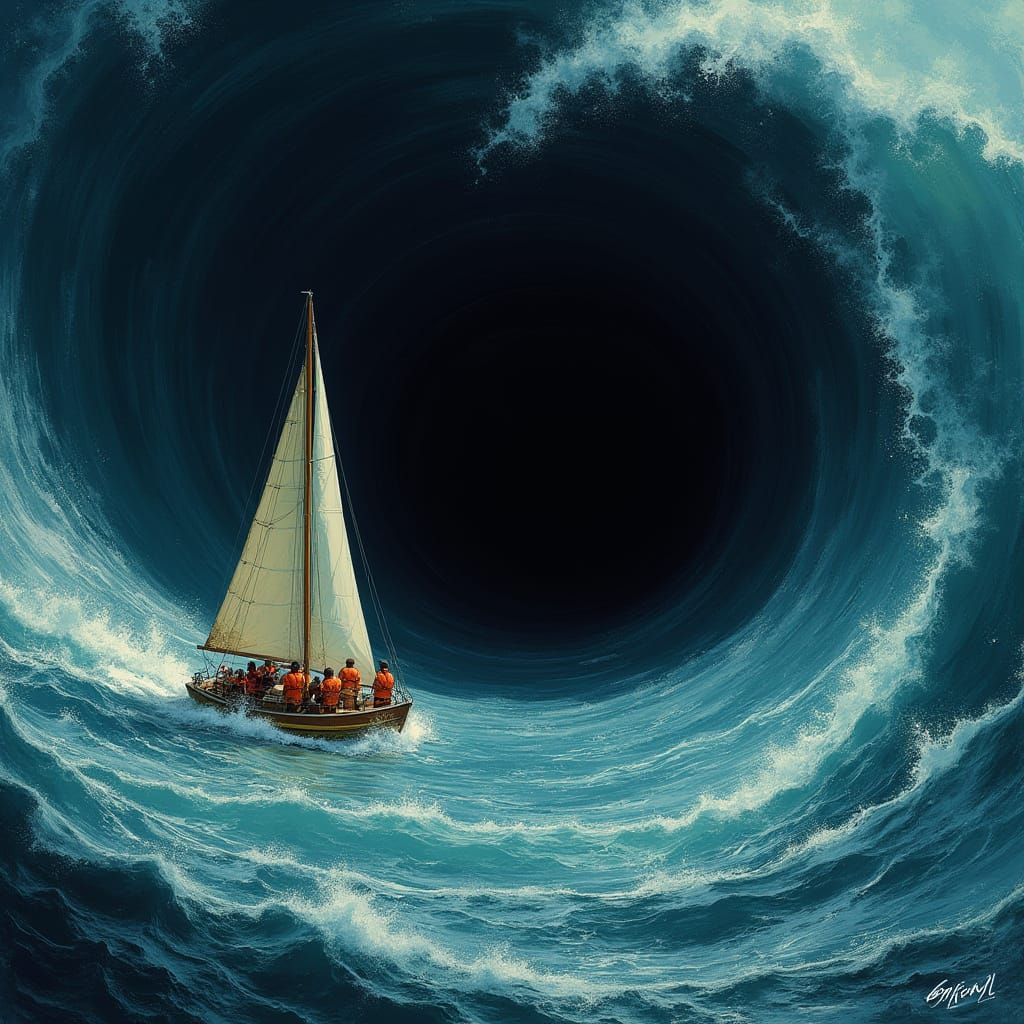 Sailboat Escapes Black Hole Tidal Wave in Surreal Style
