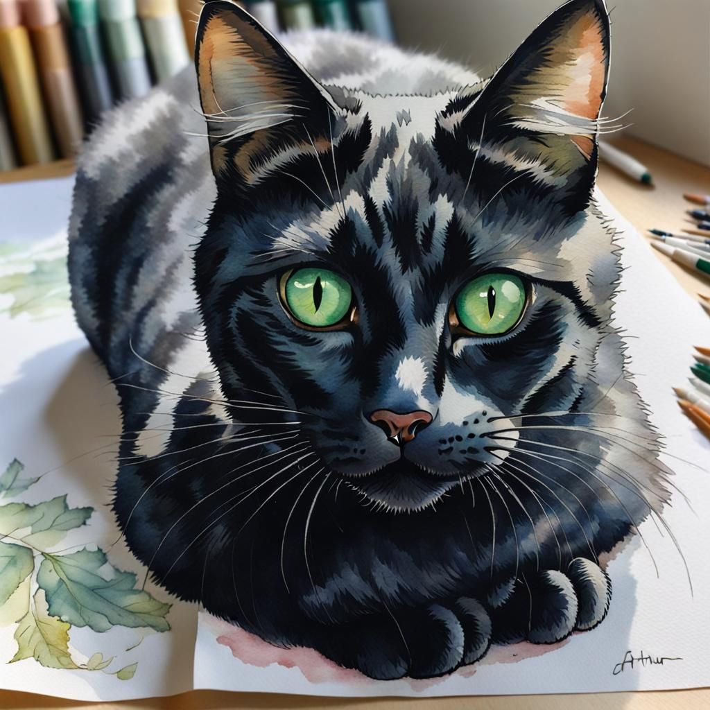 Beautiful Black Cat with Green Eyes: Art Nouveau Watercolor