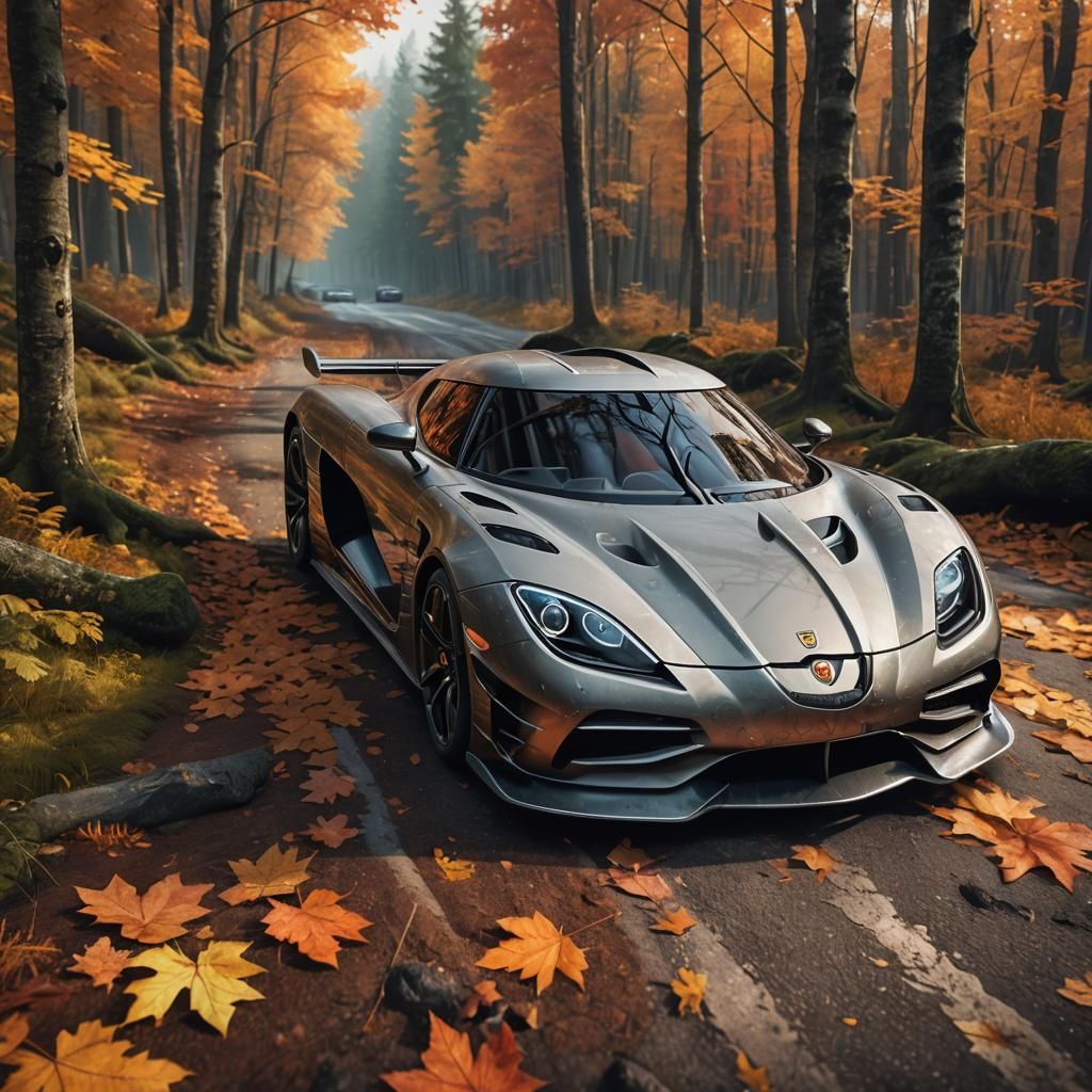 Futuristic Koenigsegg in Autumn Forest: Hyperrealistic Conce...