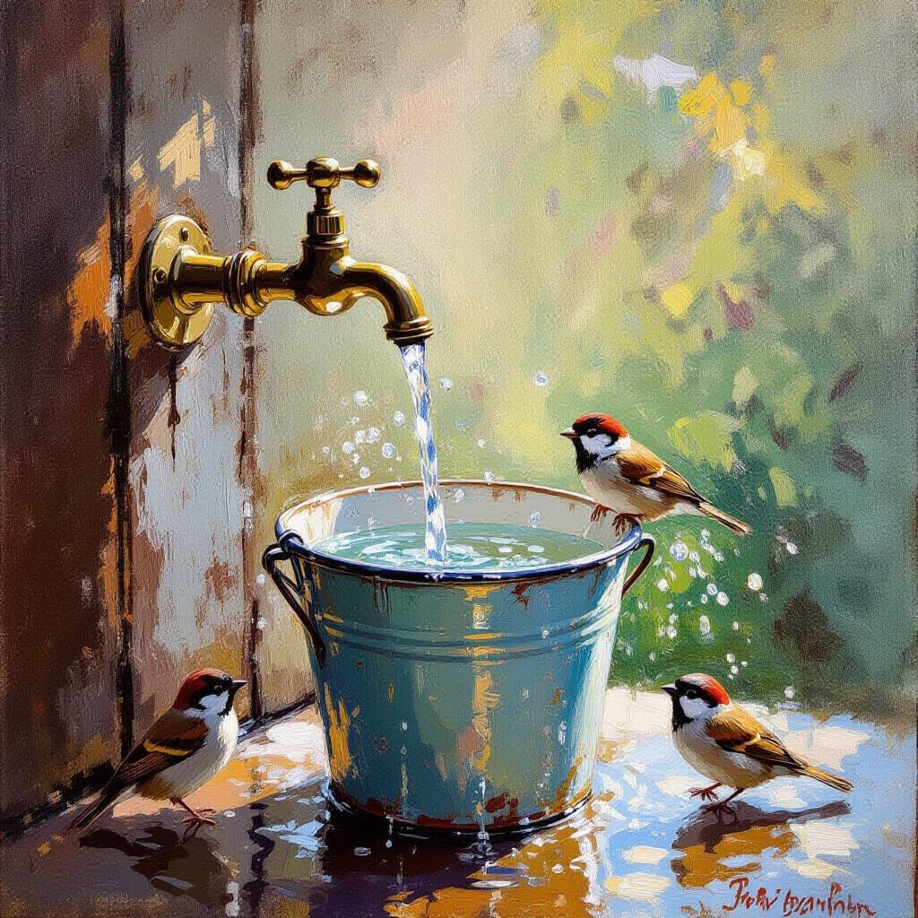 Rustic Garden Scene with Brass Tap in Impressionist Style