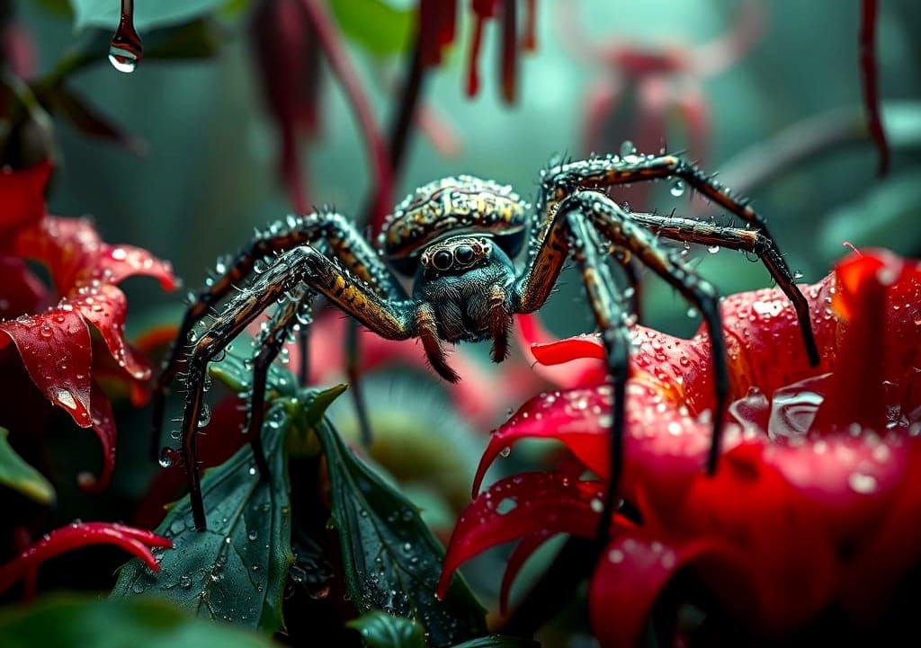Spider in Misty Jungle, Hyperrealistic Nature Photography