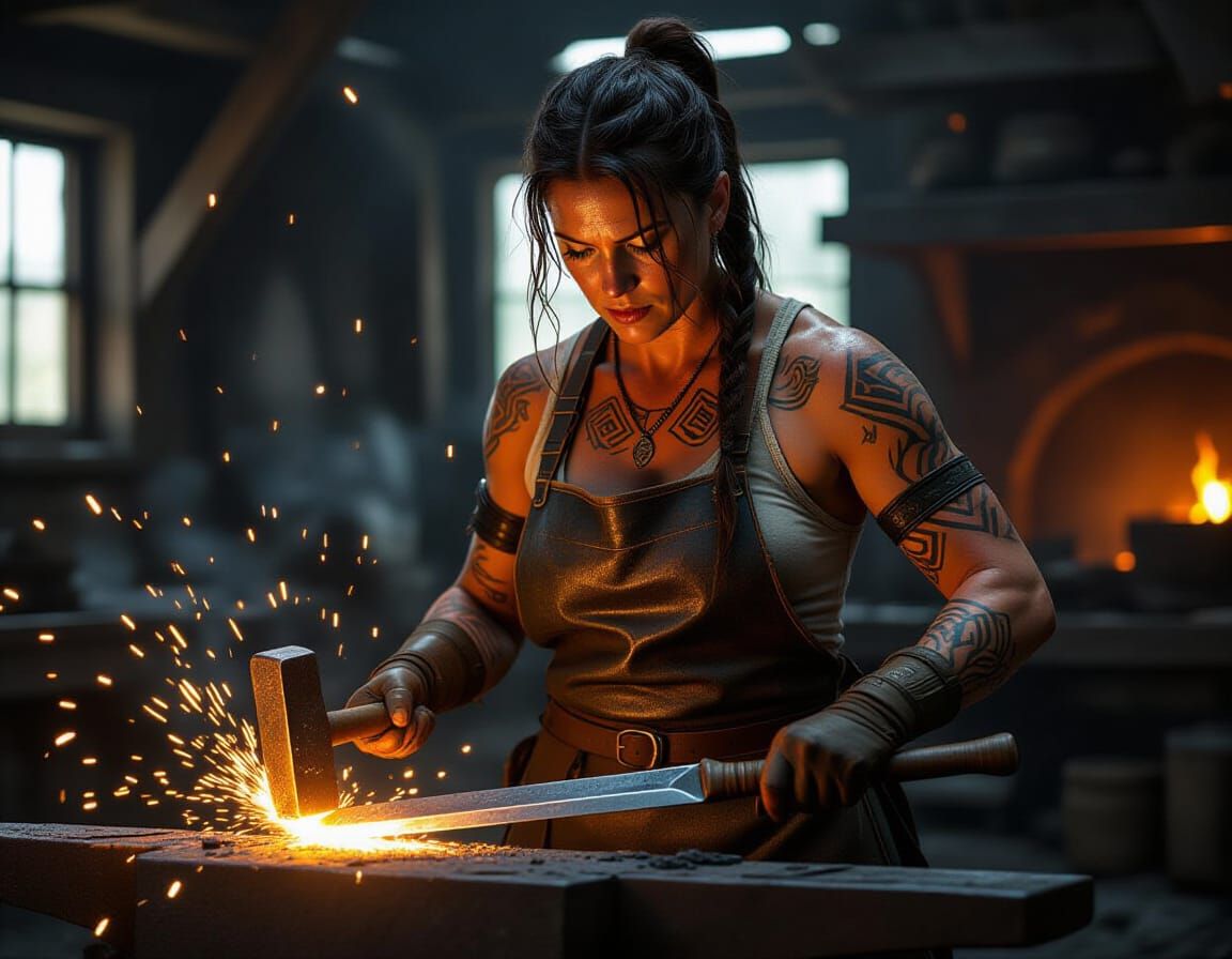 Female Blacksmith Crafting Sword in Gritty Photorealistic St...