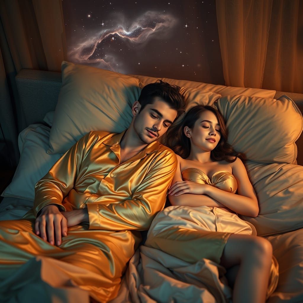 Couple in Luxurious Slumber, Surrounded by Golden Hues and C...